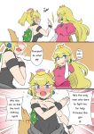  bare_shoulders black_dress blonde_hair blue_earrings blue_eyes blush blush_stickers bowsette clenched_teeth comic dress emphasis_lines engrish horns long_hair mario_(series) multiple_girls new_super_mario_bros._u_deluxe nose_blush pink_dress ponytail princess_peach ranguage sesield short_hair shouting slap_mark slapping strapless strapless_dress super_crown teeth 