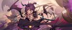  ass breasts daye_bie_qia_lian highres katana looking_at_viewer lying monster on_stomach oni oni_horns original purple_hair slit_pupils smile sword tail tail_cutout weapon yellow_eyes 