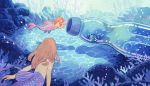  bottle brown_hair bubble fins from_behind heikala highres inktober long_hair mermaid monster_girl multiple_girls nude original oversized_object ramune rock scales submerged swimming traditional_media underwater water watercolor_(medium) 