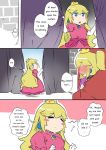  blush blush_stickers bowsette comic commentary crown curtains dress earrings engrish jewelry long_hair mario_(series) multiple_girls new_super_mario_bros._u_deluxe princess_peach ranguage sesield super_crown under_covers window 