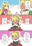  armlet blue_eyes blush bowsette breasts cleavage collar comic commentary crown dress earrings engrish full-face_blush jewelry long_hair mario_(series) multiple_girls new_super_mario_bros._u_deluxe princess_peach ranguage sesield super_crown tears 