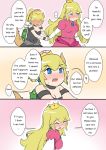  arm_holding bare_shoulders black_dress blonde_hair blue_earrings blue_eyes blush blush_stickers bowsette closed_eyes comic commentary crying crying_with_eyes_open dress engrish faceless horns long_hair mario_(series) multiple_girls new_super_mario_bros._u_deluxe nose_blush pink_dress ponytail pov princess_peach ranguage sesield short_hair strapless strapless_dress streaming_tears super_crown tears 