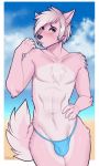  anthro blush bulge canine clothed clothing crossdressing fox fur girly looking_at_viewer male mammal pink_fur porin solo standing swimsuit wide_hips 
