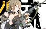  assault_rifle bangs bare_shoulders blush breasts brown_eyes brown_hair collar collarbone commentary_request daewoo_k2 eyebrows_visible_through_hair fingerless_gloves girls_frontline gloves gun hair_between_eyes hair_ornament hairclip highres holding holding_gun holding_weapon jacket k-2_(girls_frontline) leewh1515 logo long_hair medium_breasts open_mouth reloading rifle shirt sidelocks signature solo upper_body weapon 
