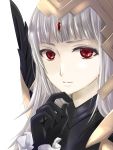  black_gloves closed_mouth commentary_request fire_emblem fire_emblem_heroes gloves grey_hair hair_ornament highres ikuno_326 long_hair protected_link red_eyes simple_background solo veronica_(fire_emblem) white_background 