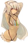  absurdres altera_(fate) armpits bangs blunt_bangs breasts choker cleavage closed_mouth collarbone commentary_request dark_skin detached_sleeves eyebrows_visible_through_hair fate/grand_order fate_(series) full_body_tattoo hair_between_eyes hands_on_own_head headdress highres hips jewelry midriff navel partial_commentary pisuta_(yamashiro) red_eyes revealing_clothes short_hair skirt small_breasts smile solo stomach tan tattoo veil white_hair white_skirt 