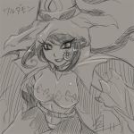  1girl appmon artist_request bandai breasts cleavage curvy demon_girl digimon digimon_universe:_appli_monsters female hat large_breasts leotard long_hair looking_at_viewer monochrome monster_girl pointy_ears solo succubus symbol-shaped_pupils thighs thong warudamon 