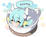  1girl :&lt; aqua_hair bangs blush closed_mouth commentary cup dragon_horns eyebrows_visible_through_hair fate/grand_order fate_(series) hair_between_eyes headgear horns in_container in_cup kiyohime_(fate/grand_order) long_hair looking_at_viewer milkpanda minigirl solo spoken_ellipsis very_long_hair yellow_eyes 
