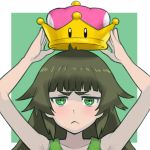  arms_up black_hair blush crown frown green_background green_eyes hiyajou_maho long_hair mario_(series) menomorute new_super_mario_bros._u_deluxe parody portrait solo steins;gate steins;gate_0 super_crown thick_eyebrows two-tone_background white_background 