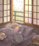  absurdres blanket blush book brown_hair cat closed_eyes cup grey_cat heikala highres indoors inktober lying medium_hair on_side open_window original pillow pink_petals plant sleeping solo striped traditional_media watercolor_(medium) window 