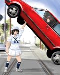  akiyama_yukari bangs black_eyes black_hair black_neckwear blouse blue_sky blurry blurry_background brown_eyes brown_hair car closed_mouth cloud cloudy_sky commentary day depth_of_field dixie_cup_hat frown girls_und_panzer ground_vehicle hat highres holding loafers long_hair long_sleeves looking_at_viewer military_hat miniskirt miraruto_(h3yja) motor_vehicle multiple_girls murakami_(girls_und_panzer) navy_blue_legwear neckerchief ooarai_naval_school_uniform open_mouth outdoors pleated_skirt print_legwear sailor sailor_collar school_uniform shoes single_horizontal_stripe skirt sky sleeves_rolled_up socks standing surprised sweatdrop traffic_light utility_pole v-shaped_eyebrows white_blouse white_footwear white_hat white_skirt 