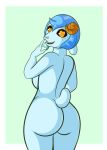  &lt;3 &lt;3_eyes 2018 anthro basketbollin big_butt blue_fur blue_hair breasts butt caprine chelsi digital_media_(artwork) female fur hair horn humanoid_hands invalid_tag looking_at_viewer looking_back mammal open_mouth rear_view sheep short_hair side_boob simple_background slightly_chubby smile solo standing thick_thighs tongue wide_hips yellow_eyes 