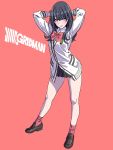  arms_behind_head bangs black_hair blue_eyes bow bowtie buttons closed_mouth commentary_request full_body highres lips loafers long_hair long_sleeves looking_at_viewer pink_background school_uniform shiny shiny_hair shoes simple_background skirt socks solo ssss.gridman standing takarada_rikka yamashita_shun'ya 