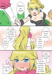  arm_holding bare_shoulders black_dress blonde_hair blue_earrings blue_eyes blush blush_stickers bowsette breasts cleavage comic crying crying_with_eyes_open dress engrish horns long_hair mario_(series) multiple_girls new_super_mario_bros._u_deluxe nose_blush out_of_frame pink_dress ponytail pov princess_peach ranguage sesield short_hair strapless strapless_dress streaming_tears super_crown tears 