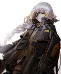  assault_rifle bangs blonde_hair braid closed_mouth commentary eyepatch girls_frontline gloves gun jacket long_hair m16a1 m16a1_(girls_frontline) mole mole_under_eye multicolored_hair rifle scar silence_girl silver_hair solo streaked_hair weapon white_background yellow_eyes 