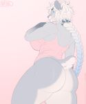  2018 anthro athletic bear berri_white big_breasts big_butt blue_eyes bottomless braided_hair breasts butt clothed clothing female fur grey_fur hair mammal nasusbot simple_background smile solo standing white_hair 