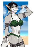  anthro beach bikini breasts clothing female fish flexing looking_at_viewer marine markings muscular muscular_female outside porin seaside shark smile solo standing swimsuit 