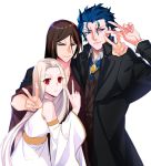  2boys black_hair black_jacket blue_eyes blue_hair closed_mouth commentary_request double_v dress eyebrows_visible_through_hair fate/grand_order fate/stay_night fate_(series) homunculus jacket japanese_clothes justeaze_lizrich_von_einzbern long_hair looking_at_viewer matou_zouken multiple_boys red_eyes simple_background toosaka_nagato v white_background white_dress white_hair ycco_(estrella) 