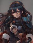  blue_eyes blue_hair cape commentary ears english_commentary falchion_(fire_emblem) fire_emblem fire_emblem:_kakusei fire_emblem_heroes frown glowing glowing_eye hair_between_eyes kaejunni long_hair looking_to_the_side lucina pauldrons ribbed_sweater scarf serious shoulder_armor strap sweater sword tiara weapon 