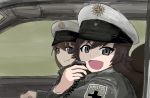  alternate_costume bad_id bad_pixiv_id black_eyes black_jacket brown_hair closed_mouth commentary driving eyebrows_visible_through_hair german geshiko_(girls_und_panzer) girls_und_panzer hat holding jacket looking_at_viewer mauko_(girls_und_panzer) miraruto_(h3yja) multiple_girls open_mouth peaked_cap police police_hat radio short_hair smirk translated v-shaped_eyebrows vehicle_interior white_hat 
