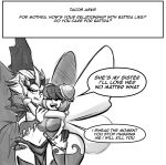  all_fours alternate_species arthropod battra big_breasts breasts butt clothing crossgender dialogue duo female godzilla_(series) humanoid humanoidized inkershike insect invalid_tag kaiju kaiju_girls_(webcomic) loincloth mothra sibling sisters speech_bubble 