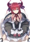  :3 bangs bare_shoulders black_skirt blue_eyes blush boots breasts commentary_request cuffs curled_horns detached_sleeves dragon_girl dragon_horns dragon_tail elizabeth_bathory_(fate) elizabeth_bathory_(fate)_(all) eyebrows_visible_through_hair fate/extra fate/extra_ccc fate_(series) feet_out_of_frame fingernails hair_between_eyes hair_ribbon heart heart-shaped_pupils horns kasuka_(kusuki) long_hair looking_at_viewer petticoat pointy_ears purple_ribbon red_hair ribbon shackles sharp_fingernails shiny shiny_skin sitting skirt small_breasts smile solo symbol-shaped_pupils tail white_background white_footwear 