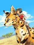  alternate_height animal animalization backpack bag black_eyes black_gloves black_hair blue_sky brown_footwear cloud cloudy_sky commentary_request day gloves hat hat_feather hatching_(texture) helmet horizon kaban_(kemono_friends) kemono_friends outdoors oversized_animal pith_helmet riding savannah serval serval_(kemono_friends) short_hair short_sleeves size_difference sketch sky taoi_(taoi58829762) tree white_bag 