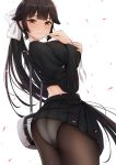  ass azur_lane bag bangs black_hair black_shirt black_skirt blush bow breasts closed_mouth commentary_request fou_zi hair_bow hair_flaps hands_on_own_chest highres hips large_breasts long_hair long_sleeves looking_at_viewer mole mole_under_eye panties panties_under_pantyhose pantyhose pleated_skirt ponytail school_uniform serafuku shirt shoulder_bag simple_background skirt solo takao_(azur_lane) thighs underwear white_background white_bow 