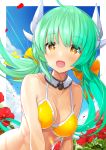  :d ahoge alternate_hairstyle atori bangs bare_shoulders bikini blue_sky blush bow breasts brown_eyes cleavage cloud collarbone commentary_request day dragon_horns eyebrows_visible_through_hair fate/grand_order fate_(series) flower green_hair hair_between_eyes hair_bow highres horns kiyohime_(fate/grand_order) long_hair looking_at_viewer low_twintails medium_breasts open_mouth red_flower sky smile solo swimsuit twintails very_long_hair yellow_bikini yellow_bow 