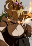  aiming_at_viewer angry bangs black_dress blonde_hair blue_earrings blue_eyes blurry blurry_background bowsette bracelet breasts breathing_fire brooch cleavage clenched_hand collar commentary_request crown dress fangs fangs_out fire hair_between_eyes highres horns huge_breasts jewelry kio_naoki light long_ponytail looking_at_viewer mario_(series) new_super_mario_bros._u_deluxe ponytail pov pov_hands sharp_teeth sidelocks signature slit_pupils solo spiked_armlet spiked_bracelet spiked_collar spiked_shell spikes strapless strapless_dress super_crown tail teeth thick_eyebrows veins 