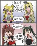  admiral_paru angry azur_lane blonde_hair blue_eyes colorized comic commentary crossover kantai_collection namesake ponytail purple_eyes shared_speech_bubble speech_bubble twintails upper_body warspite_(azur_lane) warspite_(kantai_collection) yellow_eyes zuikaku_(azur_lane) zuikaku_(kantai_collection) 