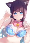  animal_ear_fluff animal_ears arm_up bangs bell blue_bra blue_eyes blush bow bow_bra bra breasts brown_hair cat_ears chikuwa. claw_pose cleavage closed_mouth commentary detached_collar eyebrows_visible_through_hair fingernails frilled_bra frills hand_up highres jingle_bell large_breasts long_hair looking_at_viewer original pink_bow simple_background solo symbol_commentary underwear underwear_only upper_body very_long_hair white_background white_collar wing_collar 