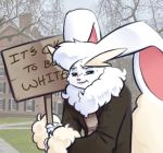  2018 3_fingers alternate_color anthro blue_eyes brown_topwear buckteeth cheek_tuft chest_tuft clothed clothing digital_media_(artwork) dorian-bc ear_tuft english_text eyebrows fur george_costanza_reaction_face grin half-closed_eyes head_tuft holding_object holding_sign humanoid_hands ishygddt jacket lagomorph long_ears lopunny male mammal meme nintendo open_mouth parody picket_sign pink_nose pok&eacute;mon pok&eacute;mon_(species) raised_eyebrow reaction_image real sign smile solo standing teeth text timothy_vladislaus tuft video_games white_fur 