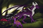  2018 cynder detailed_background digital_media_(artwork) dragon dragonoficeandfire feral forest grass group horn malefor membranous_wings purple_eyes scalie spines spyro spyro_the_dragon tree video_games western_dragon wings 