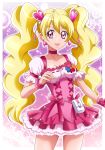  :d bare_arms blonde_hair bow choker collarbone corset cowboy_shot cure_peach earrings fresh_precure! hair_ornament hanzou heart heart_earrings heart_hair_ornament highres jewelry long_hair looking_at_viewer magical_girl momozono_love open_mouth pink_bow pink_eyes pink_neckwear pink_skirt precure puffy_sleeves purple_background skirt smile solo sparkle standing twintails wrist_cuffs 