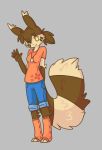  5_fingers anthro anthrofied biped breasts brown_fur brown_hair brown_tail clothed clothing eyebrows female fluffy fluffy_tail fur furret gloves_(marking) hair jewelry legwear long_ears long_tail looking_at_viewer mammal markings multicolored_fur mustelid necklace nintendo pok&eacute;mon pok&eacute;mon_(species) pok&eacute;morph ponytail shirt shorts simple_background socks standing striped_tail stripes t-shirt tan_fur tan_tail thehiggles toeless_socks two_tone_fur video_games waving yellow_eyes 