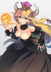  armlet bare_shoulders black_dress blonde_hair blue_earrings blue_eyes bowsette bracelet breasts breathing_fire cleavage clenched_teeth collar crown dress earrings fang fire grey_background hand_on_hip highres horns iltusa jewelry large_breasts long_hair looking_at_viewer mario_(series) new_super_mario_bros._u_deluxe sharp_teeth simple_background slit_pupils smile solo spiked_armlet spiked_bracelet spiked_collar spikes super_crown teeth 