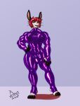  2018 anthro bodysuit boo3 boo_(boo3) breasts bulge clothing dickgirl hyper intersex lagomorph mammal muscular piercing rabbit rubber shiny skinsuit tight_clothing 