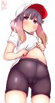  alternate_costume artist_logo ass_visible_through_thighs bike_shorts cameltoe commentary_request crotch_seam dated flat_cap from_below gradient_hair gym_shirt gym_uniform hat highres kanon_(kurogane_knights) kantai_collection lifted_by_self long_hair looking_at_viewer looking_down multicolored_hair purple_eyes purple_hair school_uniform serafuku shirt shirt_lift short_sleeves signature simple_background smile solo tsushima_(kantai_collection) white_background white_shirt 