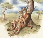  0laffson 2016 4_toes 5_fingers anthro blue_eyes breasts brown_fur caracal day detailed_background digitigrade duo featureless_breasts feline female fur grass male mammal nude outside serval sitting sky small_breasts smile toes traditional_media_(artwork) tree 
