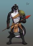  anthro bulge cetacean clothed clothing male mammal marine melee_weapon muscular muscular_male orca pecs polearm rov simple_background solo spear standing weapon whale 