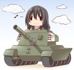  absurdres black_hair caterpillar_tracks chibi child cloud commentary_request creek_(moon-sky) day ground_vehicle highres long_hair military military_vehicle motor_vehicle musical_note original sky solo spoken_musical_note tank youjo_(creek_(moon-sky)) 