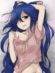  arm_up armpits bangs bed_sheet belly_peek blue_bow blue_eyes blue_hair blush bow breasts cleavage collarbone commentary_request debt drawstring eyebrows_visible_through_hair grey_hoodie groin hair_between_eyes hair_bow hair_over_one_eye hand_up hood hoodie long_hair looking_at_viewer lying medium_breasts navel off_shoulder on_back open_mouth out-of-frame_censoring shadow short_sleeves solo sweat touhou tyouseki upper_body very_long_hair yorigami_shion 