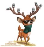  2018 antlers black_fur brown_fur cervine cryptid-creations cup eyewear feral fur grass horn humor male mammal pun scarf simple_background solo starbucks sunglasses white_background white_fur 