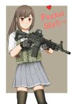  closed_mouth commentary eyebrows_visible_through_hair gloves gun highres holding holding_gun holding_weapon load_bearing_vest millimeter original pindad_ss2 ponytail simple_background skirt smile solo thighhighs weapon 