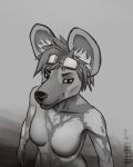  2018 5_fingers african_wild_dog anthro biped black_eyebrows black_nose breasts canine ear_tuft eyebrows eyelashes eyewear featureless_breasts female fur goggles greyscale grin hair headwear mammal markings monochrome multicolored_fur nude portrait short_hair simple_background small_breasts smile solo standing tuft yo-lander 