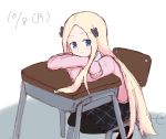  abigail_williams_(fate/grand_order) alternate_costume arm_ribbon black_bow black_legwear black_skirt blonde_hair blue_eyes blush bow cardigan chair closed_mouth commentary_request crossed_arms dated desk eyebrows_visible_through_hair fate/grand_order fate_(series) forehead hair_bow head_tilt highres kujou_karasuma long_hair long_sleeves looking_at_viewer pantyhose pink_cardigan plaid plaid_skirt pleated_skirt polka_dot polka_dot_bow ribbon school_chair school_desk signature sketch skirt sleeves_past_fingers sleeves_past_wrists smile solo very_long_hair 