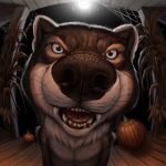  2018 anthro blue_eyes canine digital_media_(artwork) food fruit hibbary male mammal pumpkin rakan scar solo teeth web were werewolf wolf 