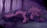  2018 blackfury cutie_mark equine feathered_wings feathers female feral forest friendship_is_magic fur hi_res horn looking_at_viewer lying mammal my_little_pony one_eye_closed outside solo tree twilight_sparkle_(mlp) winged_unicorn wings 