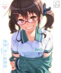  aoi_sora_(pairan) artist_name bangs black_ribbon blush brown_eyes brown_hair clothes_writing collarbone commentary_request eyebrows_visible_through_hair glasses green_jacket grin hair_ornament hair_ribbon hairclip head_tilt highres jacket long_hair long_sleeves looking_at_viewer low_twintails off_shoulder original pairan parted_lips red-framed_eyewear reflective_eyes ribbon shirt short_sleeves sidelocks simple_background sleeves_past_wrists smile solo tareme teeth track_jacket twintails undressing upper_body white_background white_shirt wing_collar 